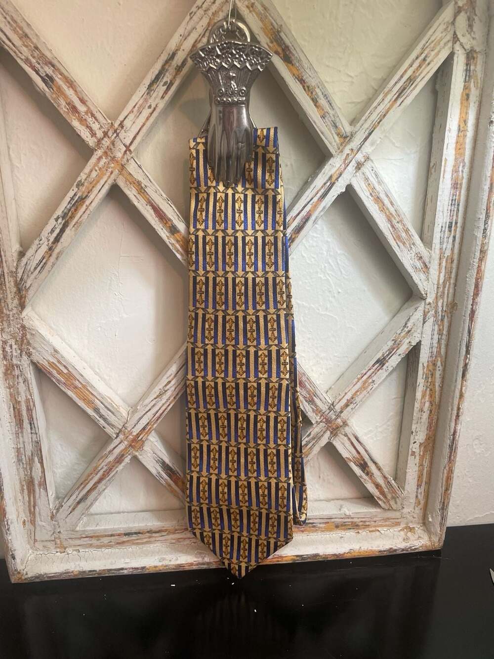 Robert Talbott Best of Class Nordstrom Silk Tie Gold Blue Fleur-de-lis Pattern